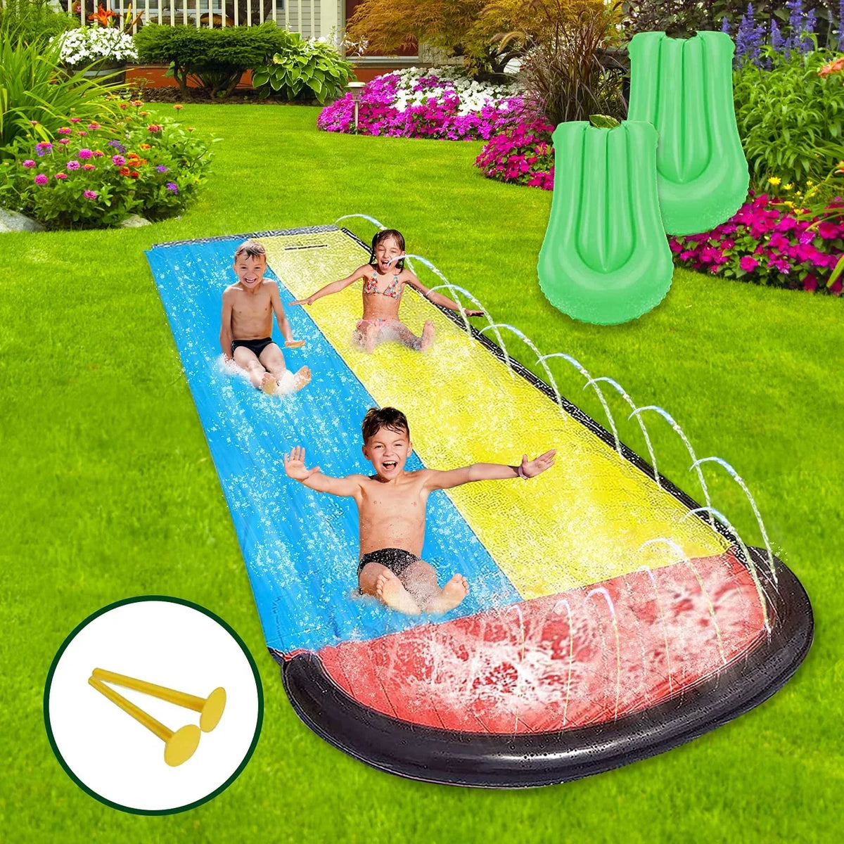 Sancty 15.5ft Double Race aqua Slides Sprinkler for Children Backyard Game