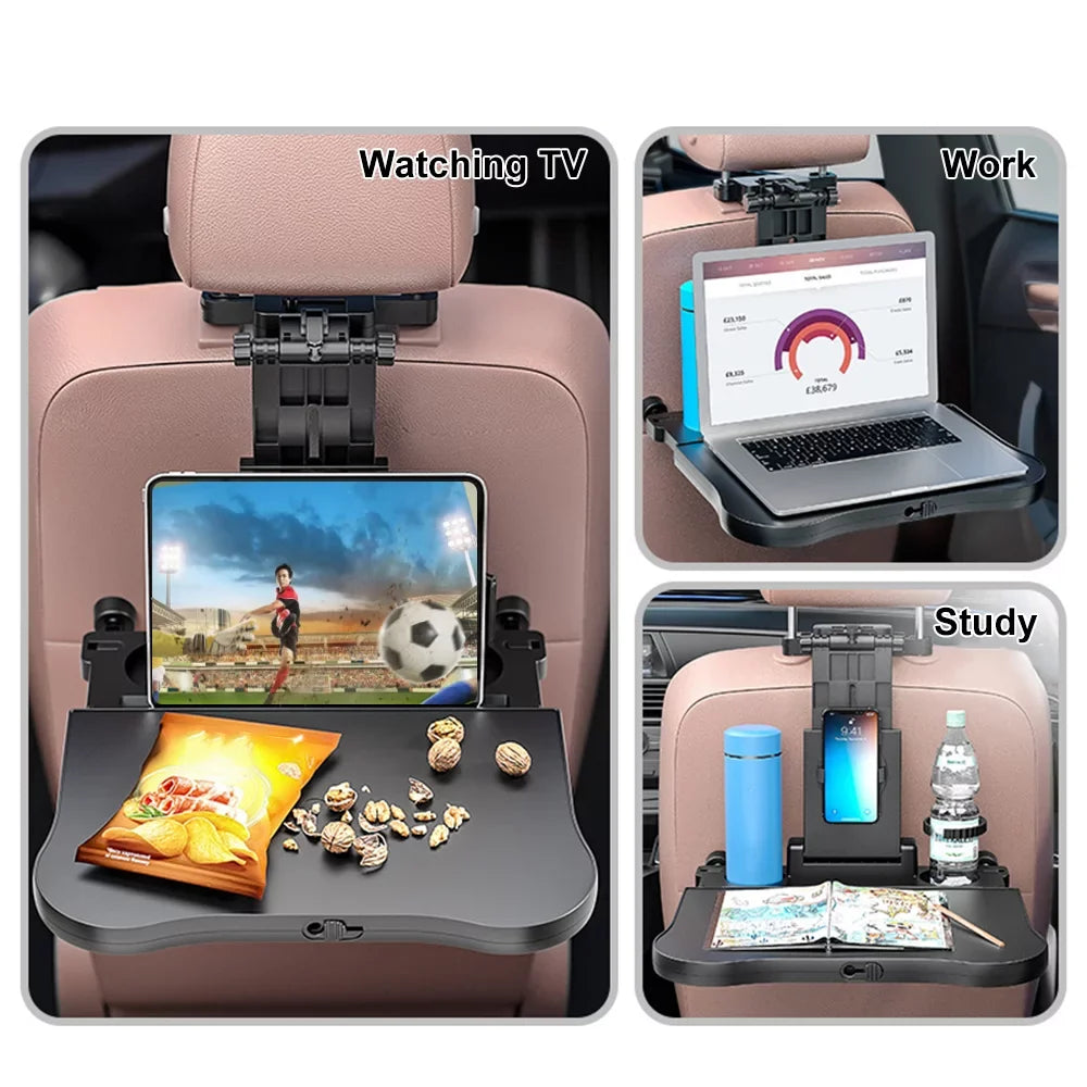 Carevas Adjustable Car Seat Travel Table Multifunctional Foldable Car Back Seat Food Tray, Car Table with Phone Holder for Working, Writing, Eating Black
