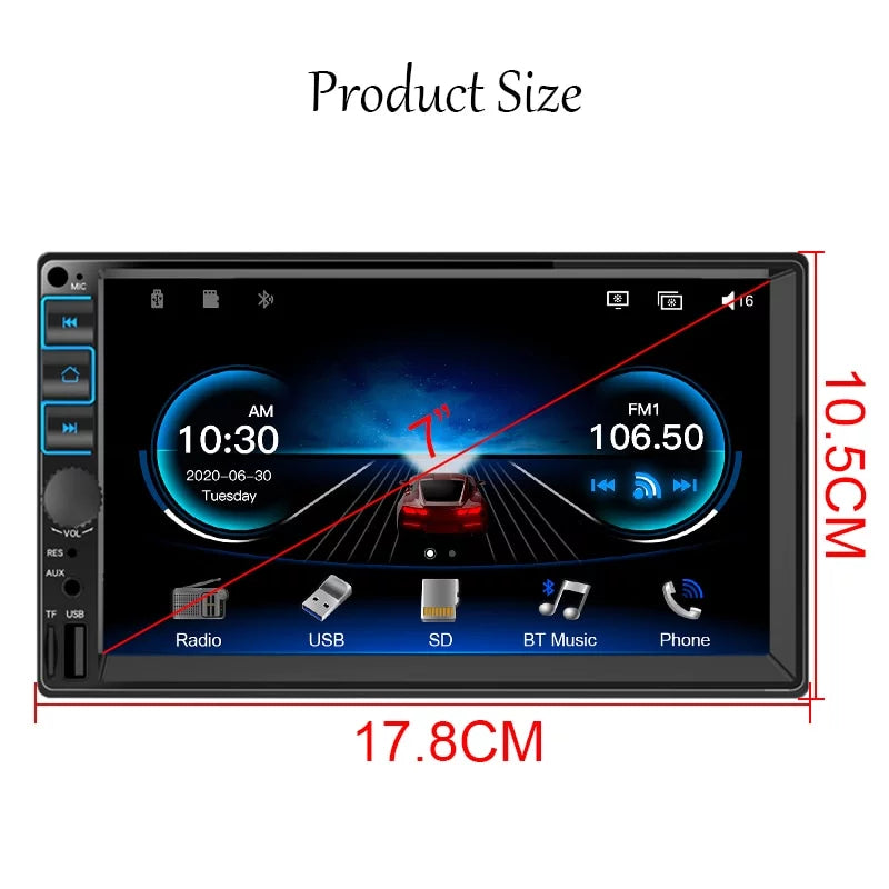 Car Radio 7'' 2 Din Stereo Receiver Bluetooth, Microphone, Mirror Link, Display, GPS, Touch Screen Support  Carplay , Android Auto