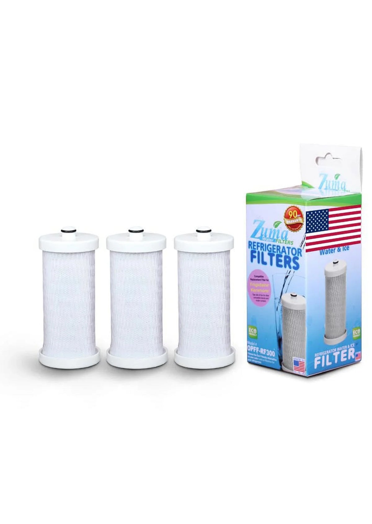 ZUMA Brand , aqua and Ice Filter , Model # OPFF-RF300 , appropriate with Frigidaire® RF-100 - 3 Pack - Made in U.S.A.