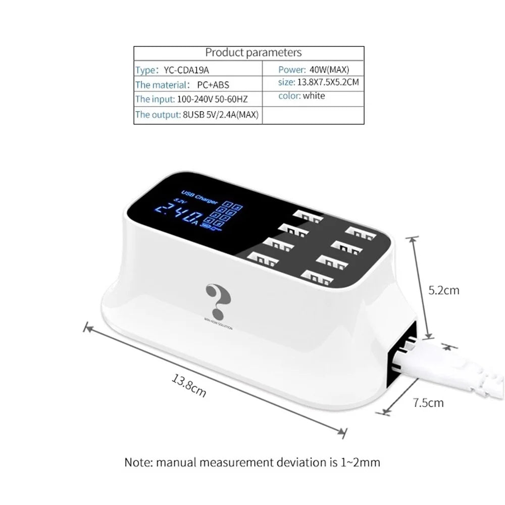 Mignova Multiple USB chargers, 8-port desktop charging station hub for LCD display, suitable with iOS and Android devices (iPhone, iPad, Huawei,  Galaxy)