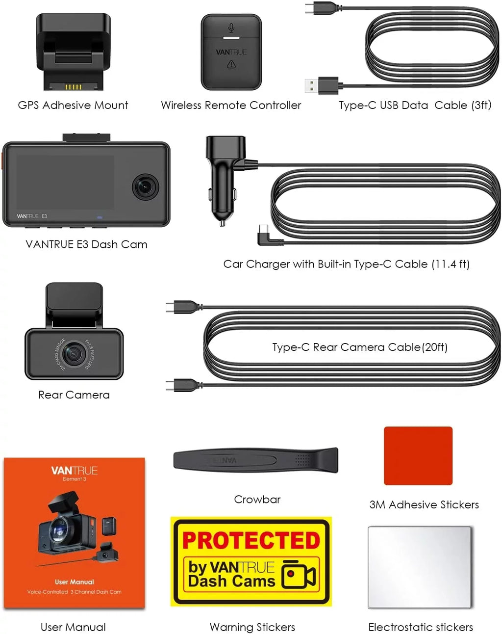 Vantrue E3 2.5K 3 Channel WiFi Dash Cam 1944P+1080P+1080P Front and Rear Inside 3 Way GPS Dash Camera for Car Voice Control IR Night Vision 24 Hrs Parking Mode Motion Detection