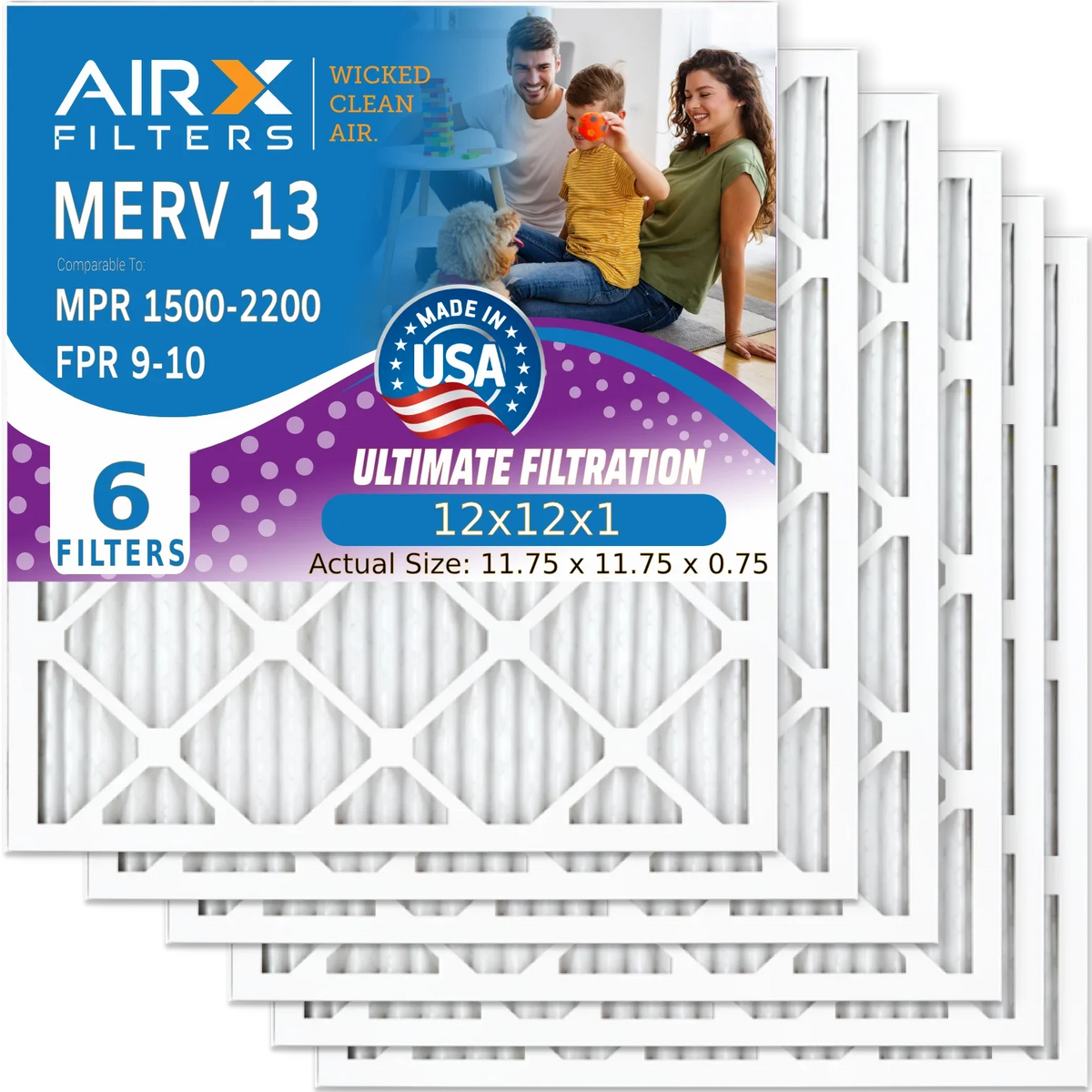 12x12x1 Air Filter MERV 13 Comparable to MPR 1500 - 2200 & FPR 9 Electrostatic Pleated Air Conditioner Filter 6 Pack HVAC AC Premium USA Made 12x12x1 Furnace Filters by AIRX FILTERS WICKED CLEAN AIR.