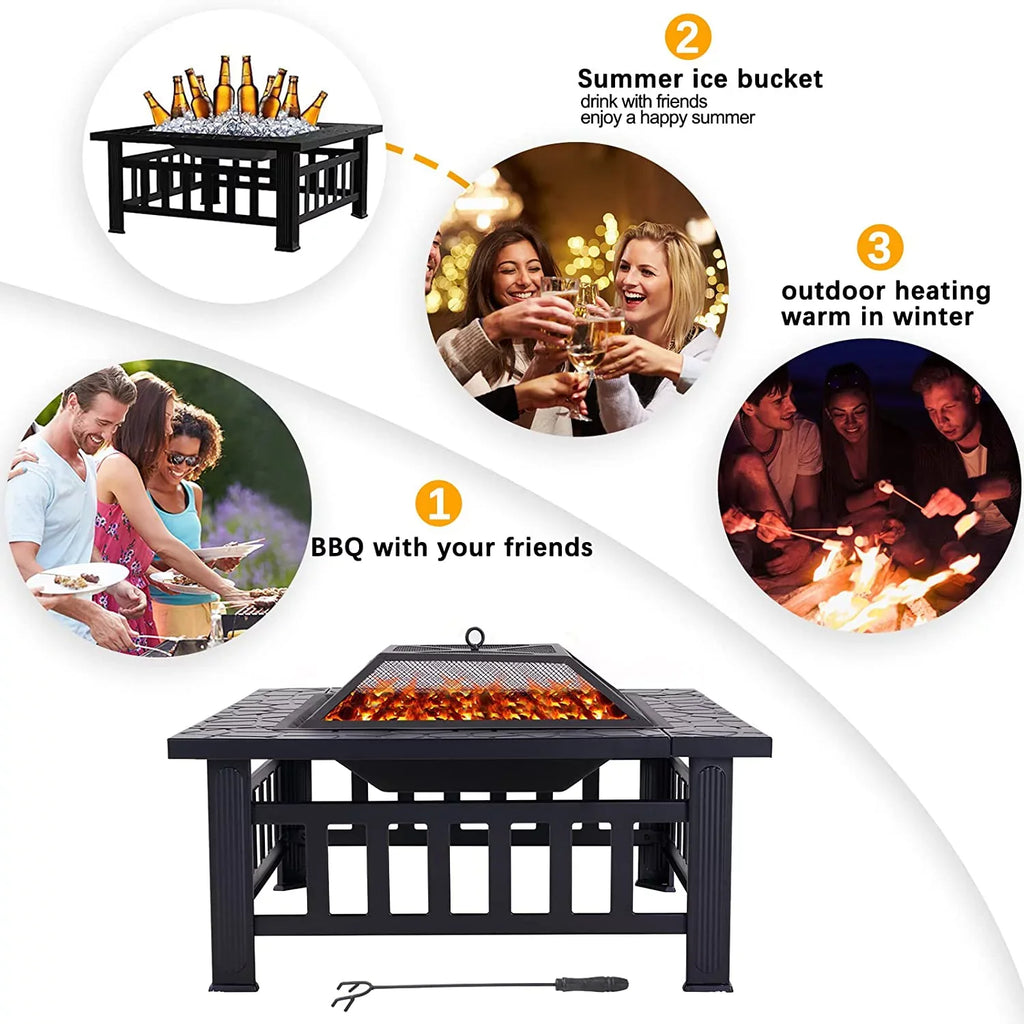 Grand Patio 32" Outdoor Fire Pit, Bonfire Wood Burning Fire Pit for Outside, Square Backyard Patio Firepit Table with Spark Screen protector Safe Mesh Lid & Poker for Warmth, BBQ or Cooler
