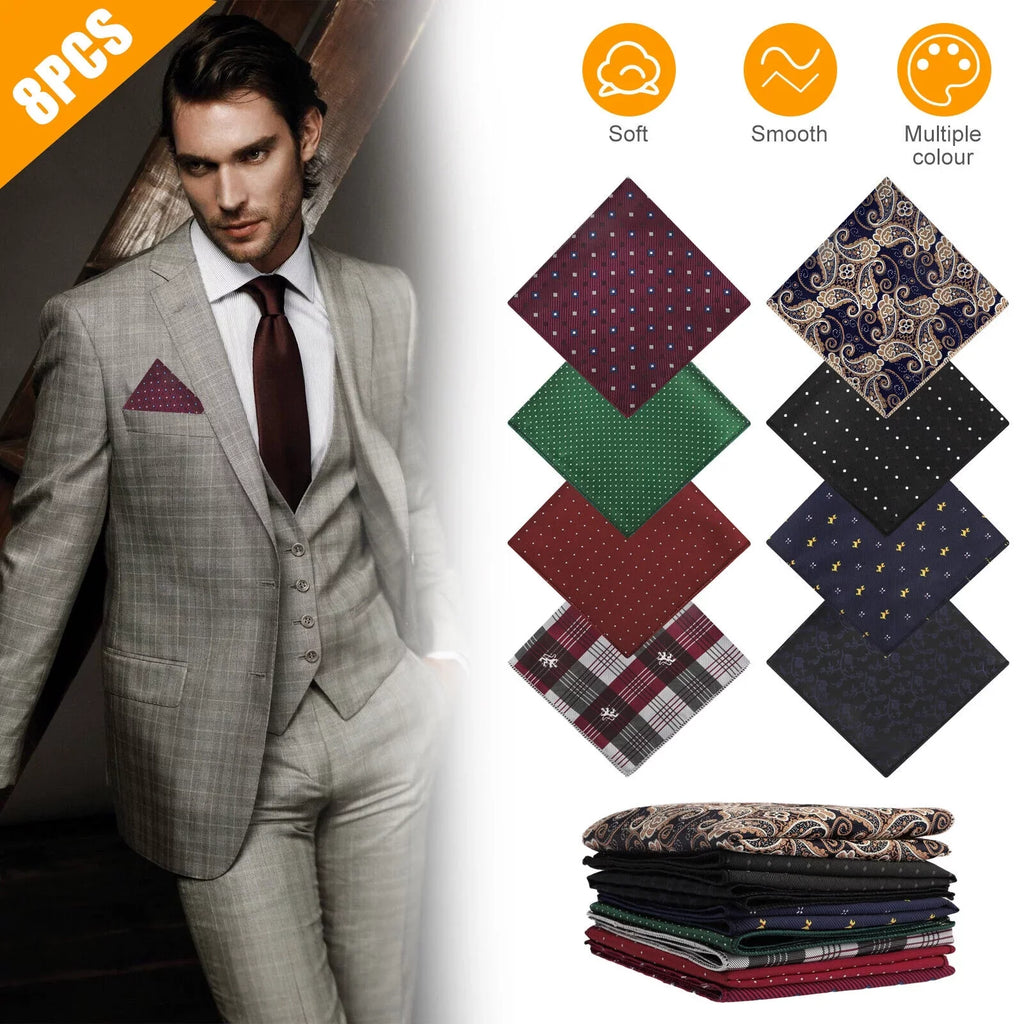 8PCS Men Silk Pocket Square Handkerchief Fashion Floral Dot Hanky Party Wedding
