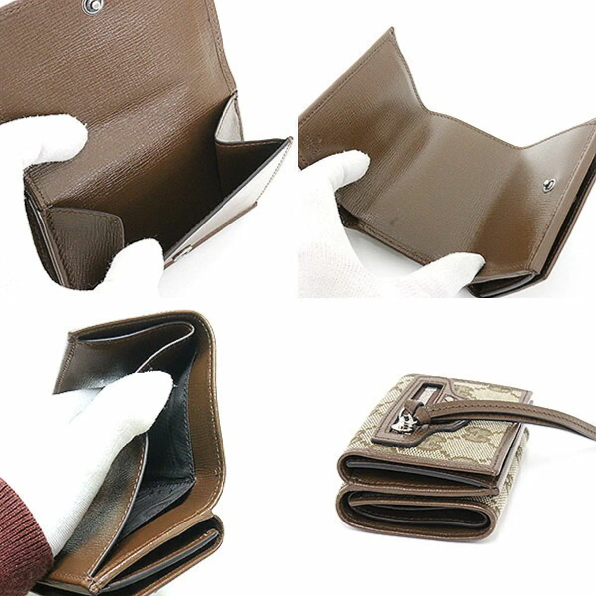 Pre-Owned Gucci Balenciaga GUCCI x The Hacker Project Neo Classic GG Supreme Canvas Leather Beige Ebony 681708 Trifold Wallet Small (Like New)