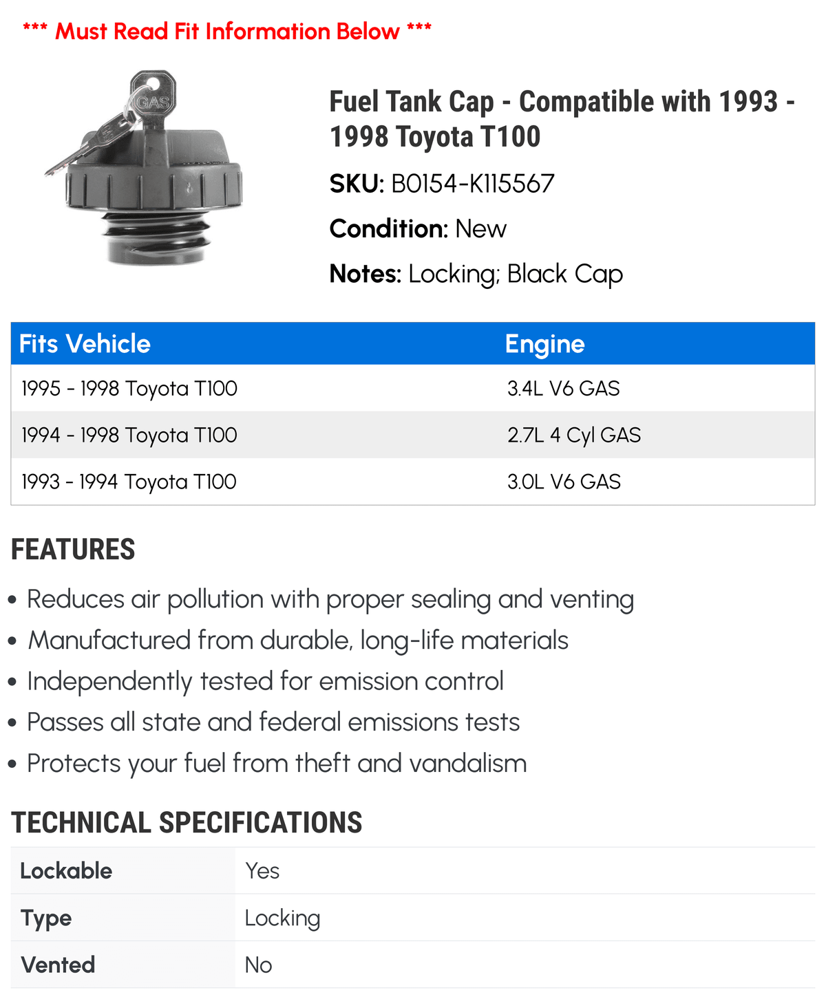 Fuel Tank Cap - suitable with 1993 - 1998  T100 1994 1995 1996 1997