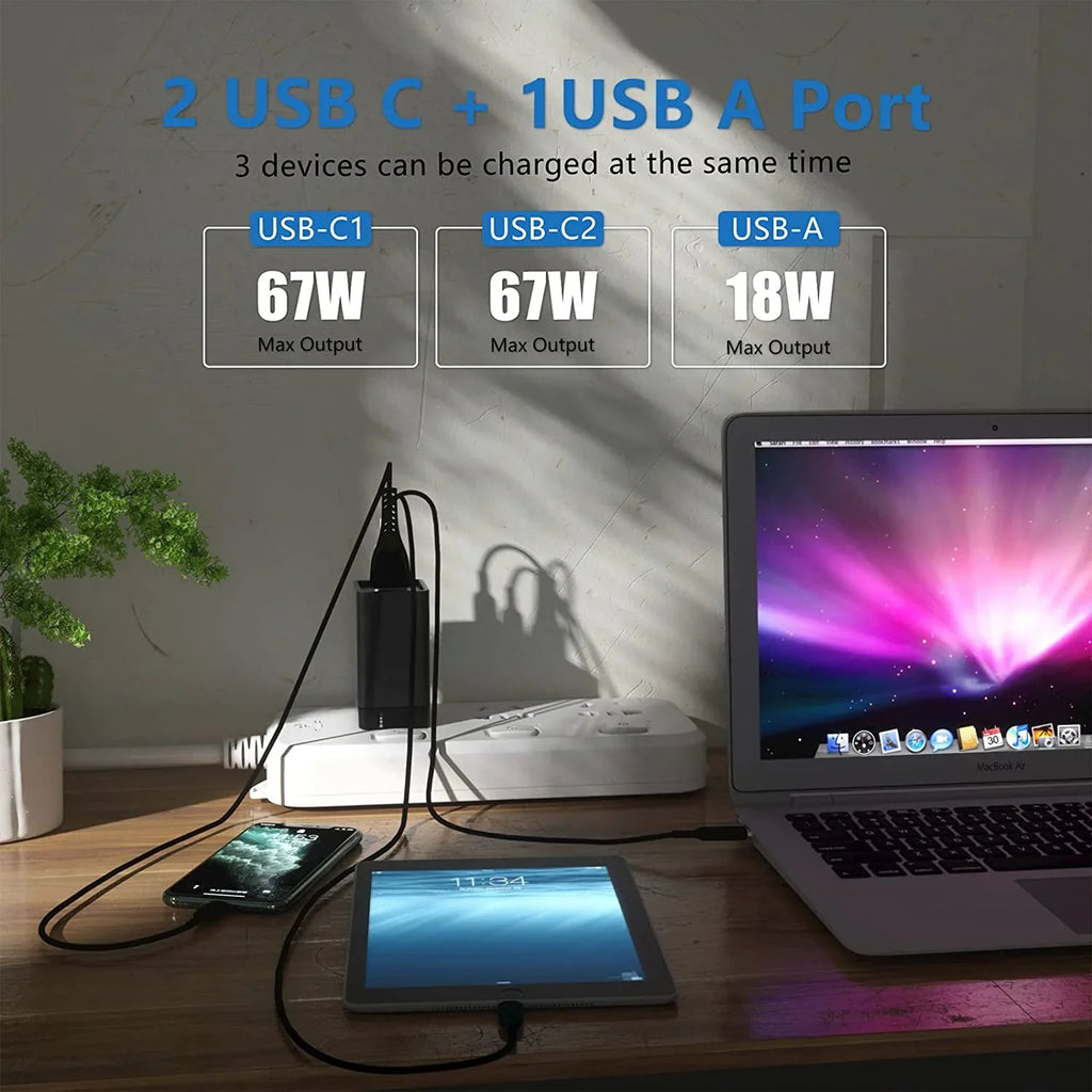 USB C Wall Charger, 67W 3 Port GaN PD&QC USB C Adapter, USB Power Adapter with Foldable Plug for
