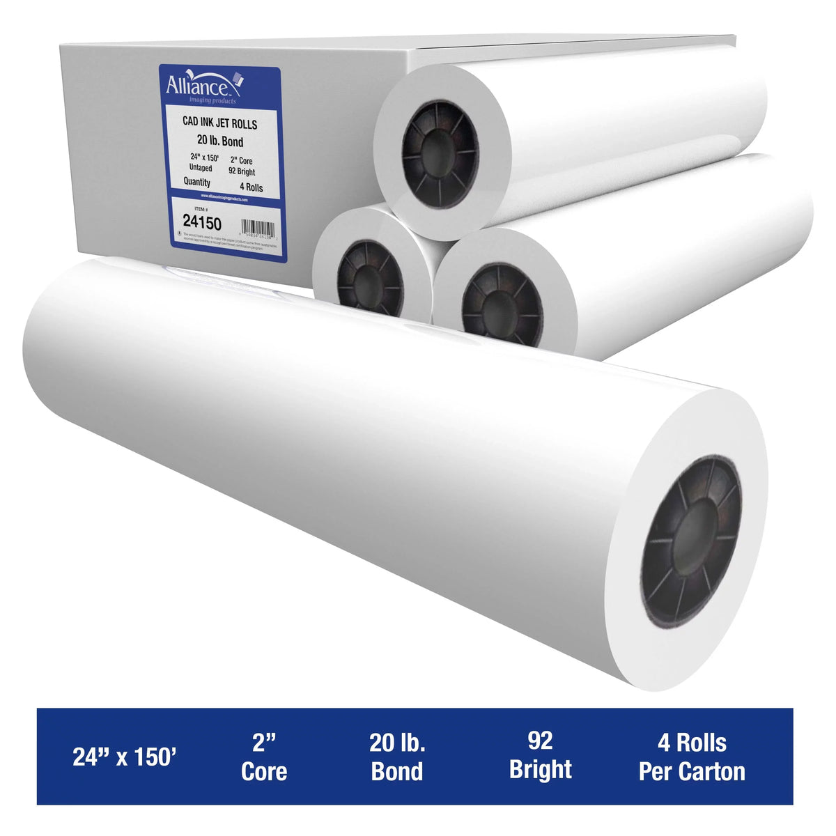 Alliance Wide Format Paper 24" x 150' CAD Bond 20lb | 92 Bright | 4 Rolls | 2" Core