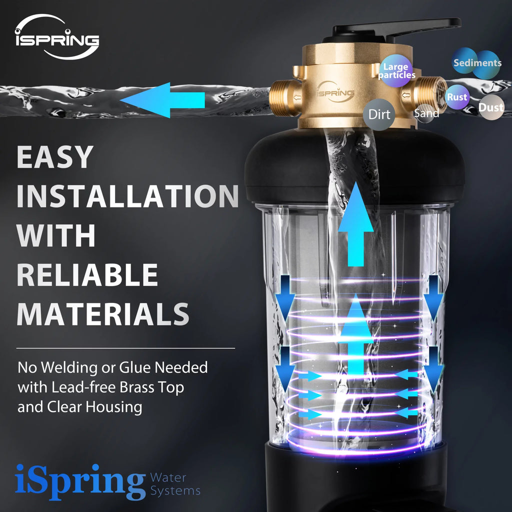 iSpring WSP500ARJ-BP Whole House Prefilter, Spin-Down Sediment aqua Filter with Bypass, Upgraded Clear Housing, Jumbo Size, Flushable and Reusable, Touch-Screen Auto Flushing, 4 Modes, 500 Microns
