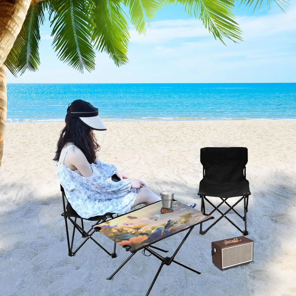 Funny Turtle and Butterfly Camping Folding Table Portable Beach Table with Storage Bag Compact Picnic Table for Outdoor Travel Fishing BBQ