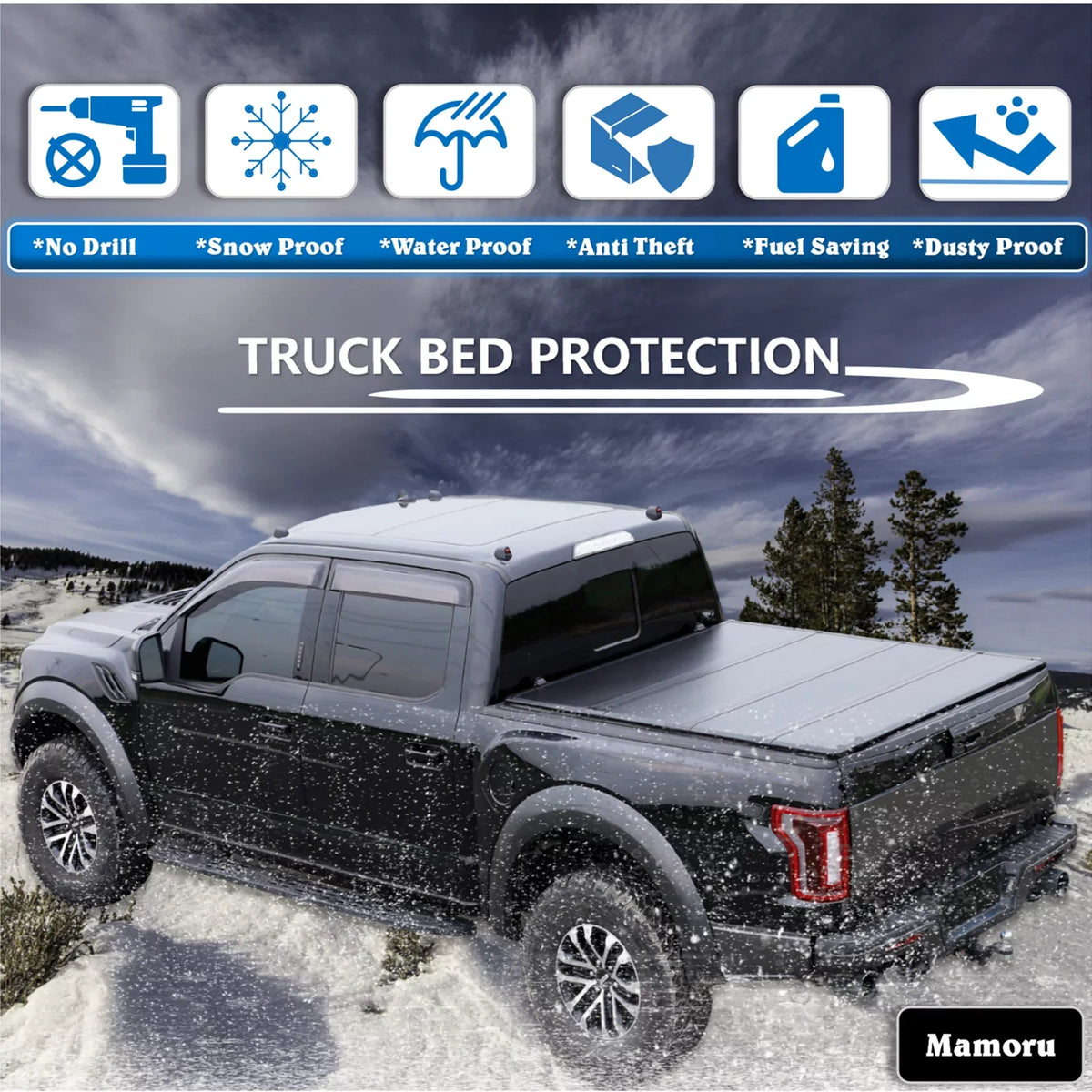 Mamoru Hard FRP Quad-Fold Solid Tonneau protector appropriate with 2016 2017 2018 2019 2020 2021 2022 2023 Tacoma 6' / 73.7" Truck Bed wrap | Fit for Deck Rail System