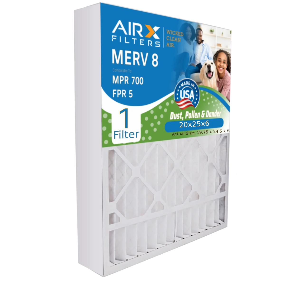 20x25x6 Air Filter MERV 8 Comparable to MPR 700 & FPR 5 matching with Aprilaire 201 Premium USA Made 20x25x6 Furnace Filter 1 Single Filter by AIRX FILTERS WICKED CLEAN AIR.