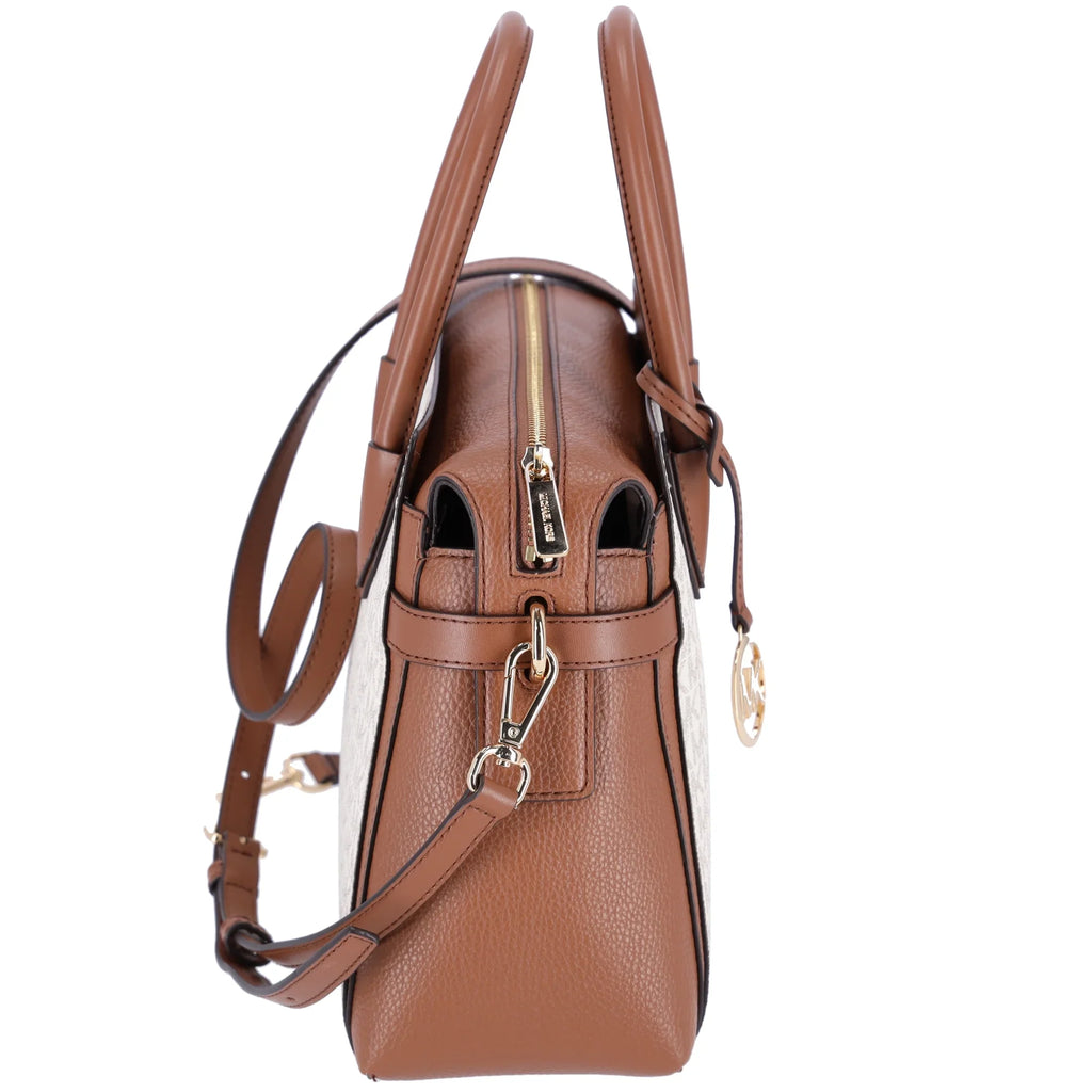 Michael Kors Womens Mercer Medium Logo and Leather Belted Satchel Vanilla 35F2GM9S8B-149