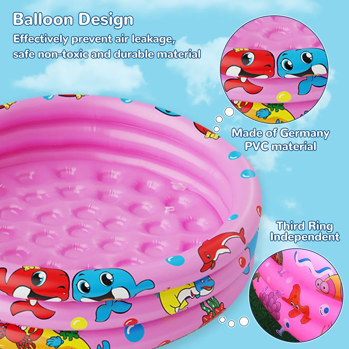 Round Inflatable Baby Swimming Pools, 47"x12" 3 Ring Portable inflatable Swimming Pool for Kids, Kiddie Paddling Pool Indoor&Outdoor Toddler aqua Game Play Center for Kids/Girls/Boys,Pink