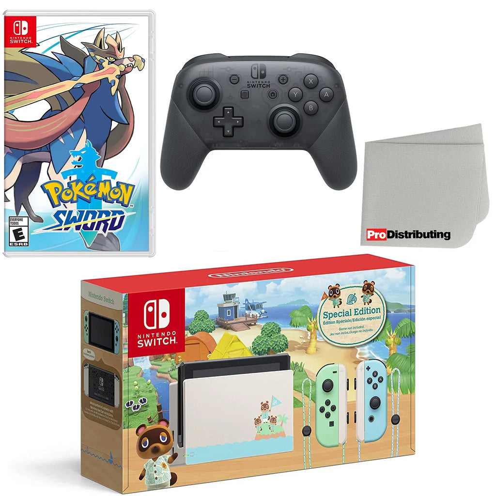 Nintendo Switch Console Animal Crossing: New Horizons Edition with Extra Wireless Controller, Pokemon Sword and Screen Cleaning Cloth