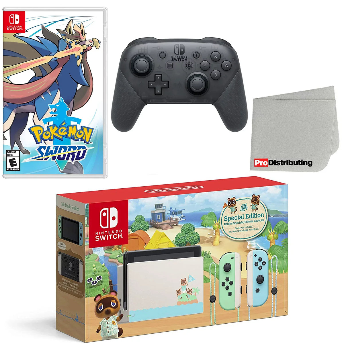 Nintendo Switch Console Animal Crossing: New Horizons Edition with Extra Wireless Controller, Pokemon Sword and Screen Cleaning Cloth