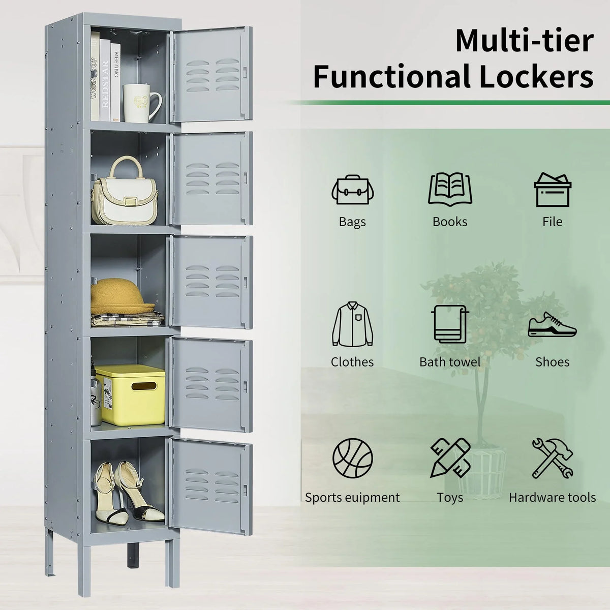 IKIMI 66" Metal Storage Cabinet Locker for School, Gym, Home Office, Steel Locker Cabinet With 5 Doors for Employees, Students