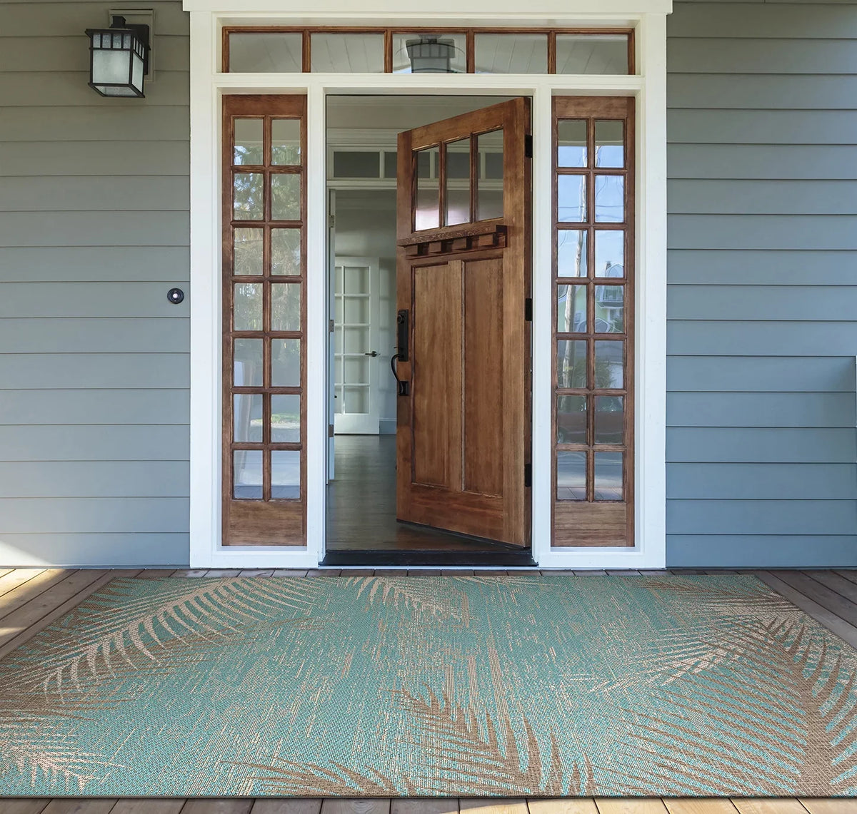 Monaco Tropical Palms Rug, Aqua. 10 in. x 7 ft. 3 in. Couristan 24293134023710U 2 ft