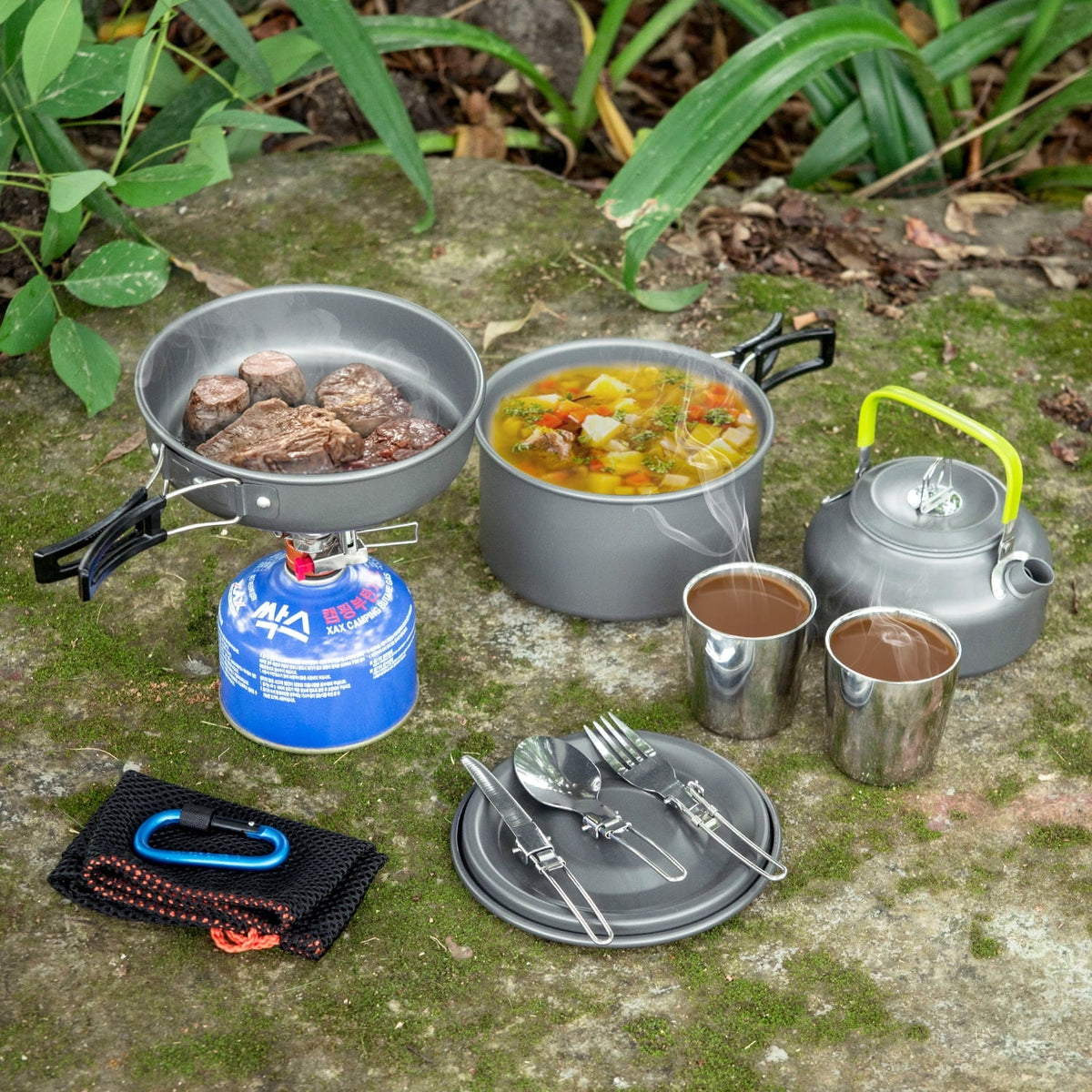 ODOLAND 12pcs Camping Cookware Mess Kit with Mini Stove, Lightweight Pot Pan Kettle with 2 Cups, Fork Knife Spoon Kit for Backpacking, Outdoor Camping Hiking and Picnic
