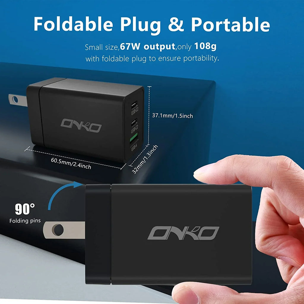USB C Wall Charger, 67W 3 Port GaN PD&QC USB C Adapter, USB Power Adapter with Foldable Plug for