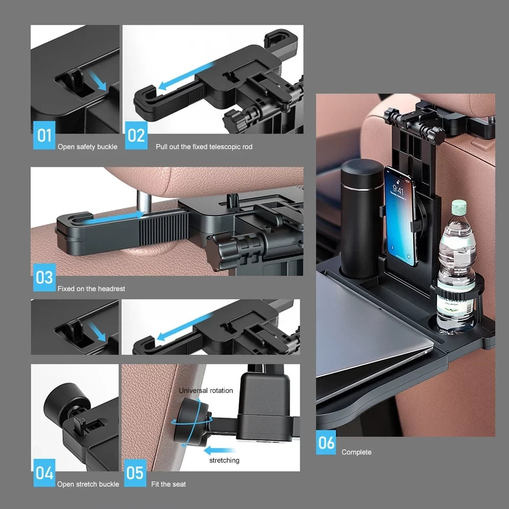 Carevas Adjustable Car Seat Travel Table Multifunctional Foldable Car Back Seat Food Tray, Car Table with Phone Holder for Working, Writing, Eating Black