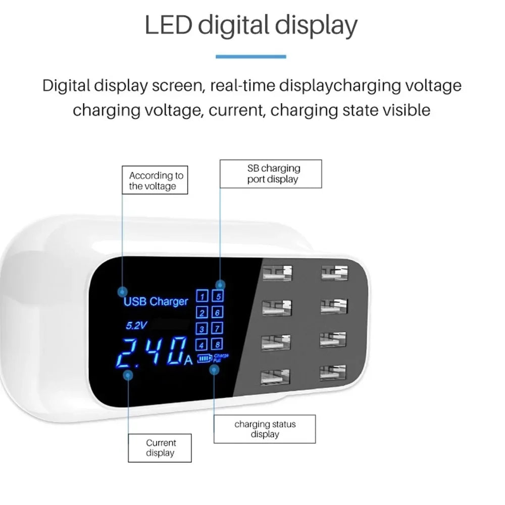 Mignova Multiple USB chargers, 8-port desktop charging station hub for LCD display, suitable with iOS and Android devices (iPhone, iPad, Huawei,  Galaxy)