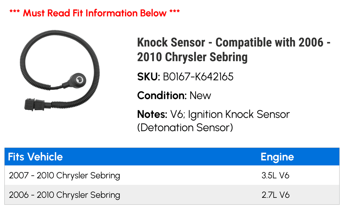 Knock Sensor - suitable with 2006 - 2010 Chrysler Sebring 2007 2008 2009