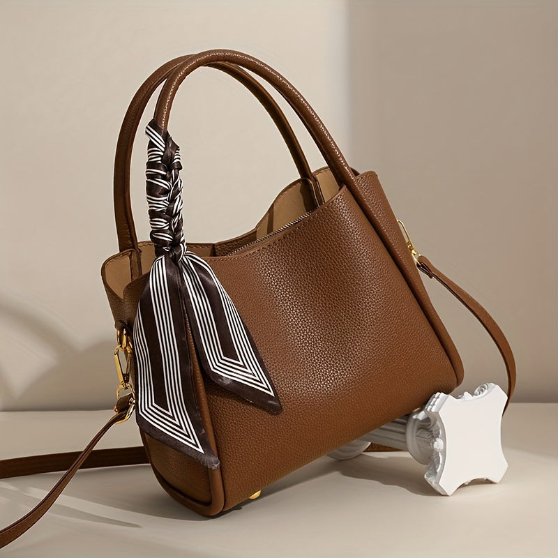 moocr Handbag With Scarf Accent  PU Leather  Elegant Shoulder Bag With Dual Handles For Daily Use  Luxury Solid Color Crossbody Purse