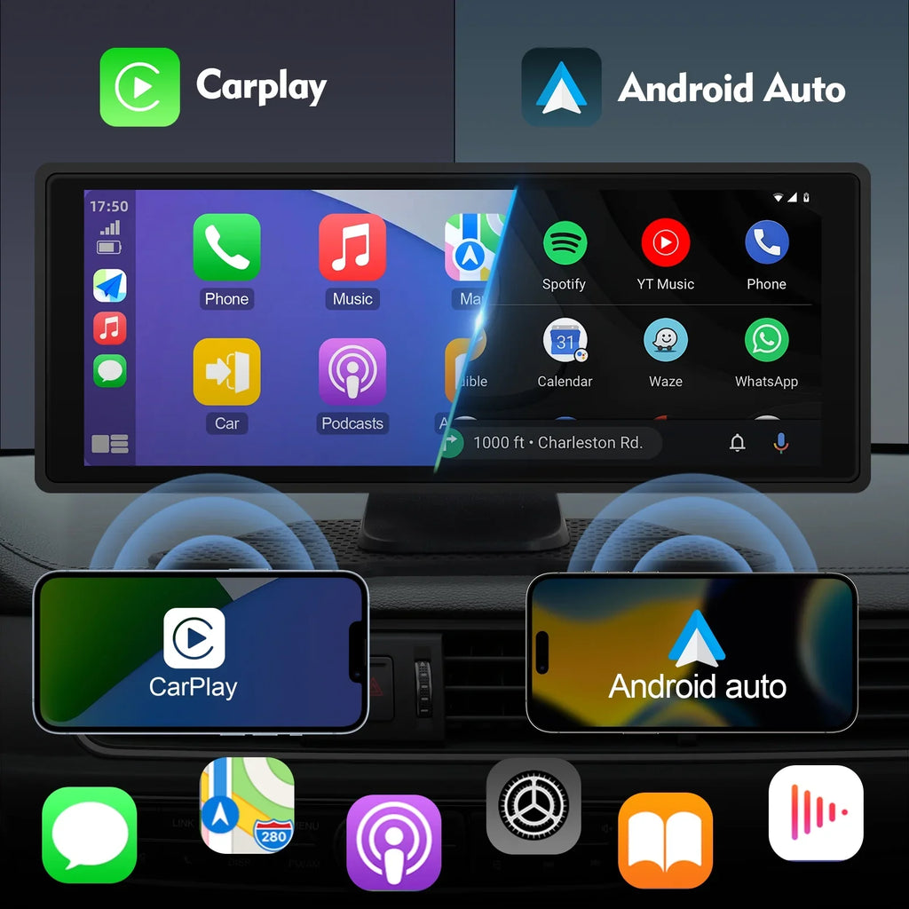 Portable Wireless Carplay & Android Auto Car Stereo, 10.26 Inch Full HD Car Touch Screen Portable Car Radio Receiver Backup Camera