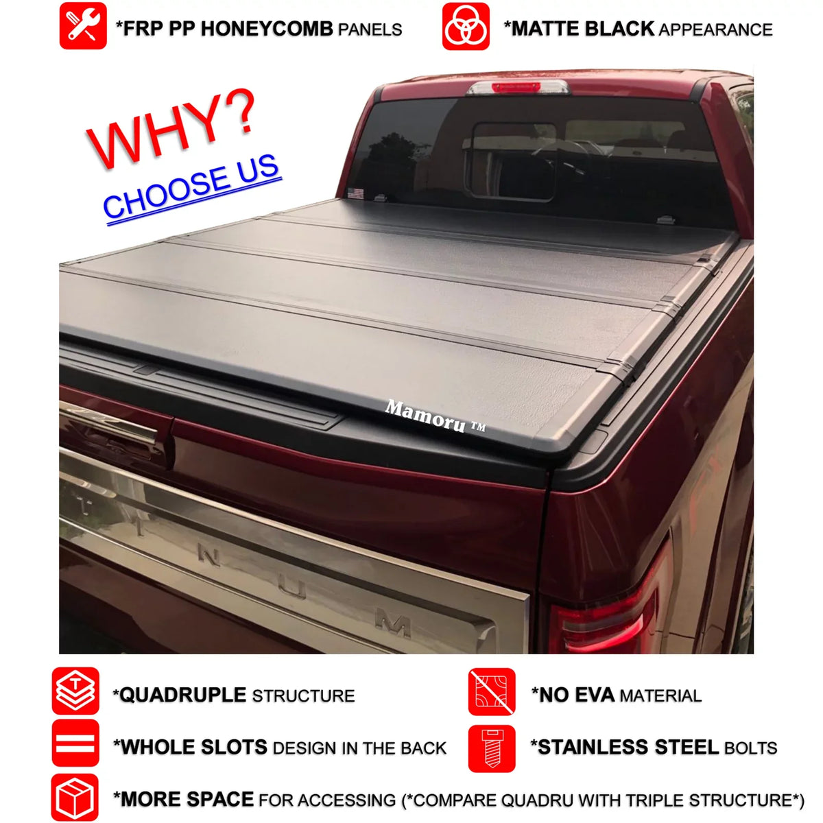 Mamoru Hard FRP Quad-Fold Solid Tonneau protector appropriate with 2016 2017 2018 2019 2020 2021 2022 2023 Tacoma 6' / 73.7" Truck Bed wrap | Fit for Deck Rail System