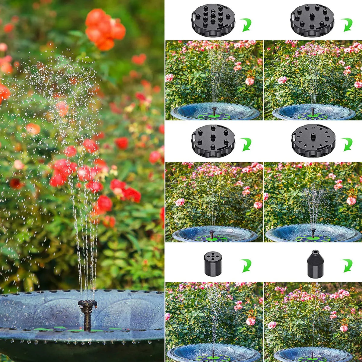 AISITIN 3W Solar Fountain Pump Solar aqua Pump, Floating Fountain Built-in 1200mAh Battery, with 6 Nozzles, for Bird Bath, Fish Tank, Pond or Garden Decoration Solar Aerator Pump (Green)