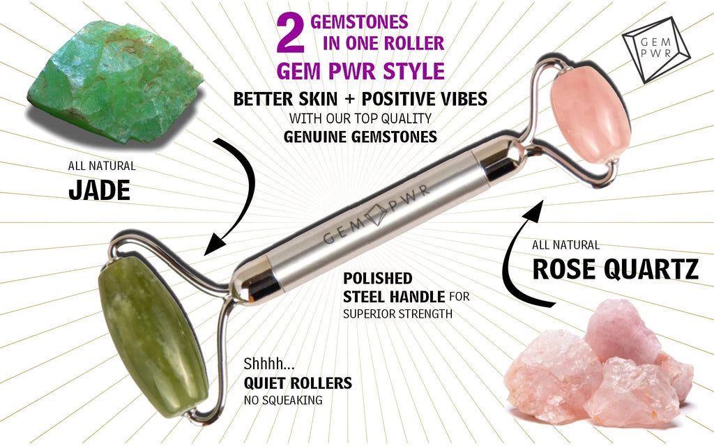 GEM PWR Rose Quartz + Jade Face Roller, Dual Head 2-in-1 with Travel Bag and Durable Steel Handle