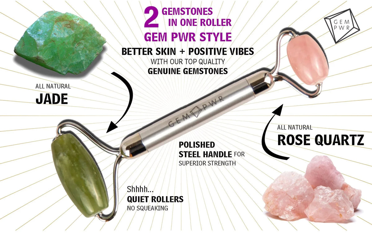 GEM PWR Rose Quartz + Jade Face Roller, Dual Head 2-in-1 with Travel Bag and Durable Steel Handle