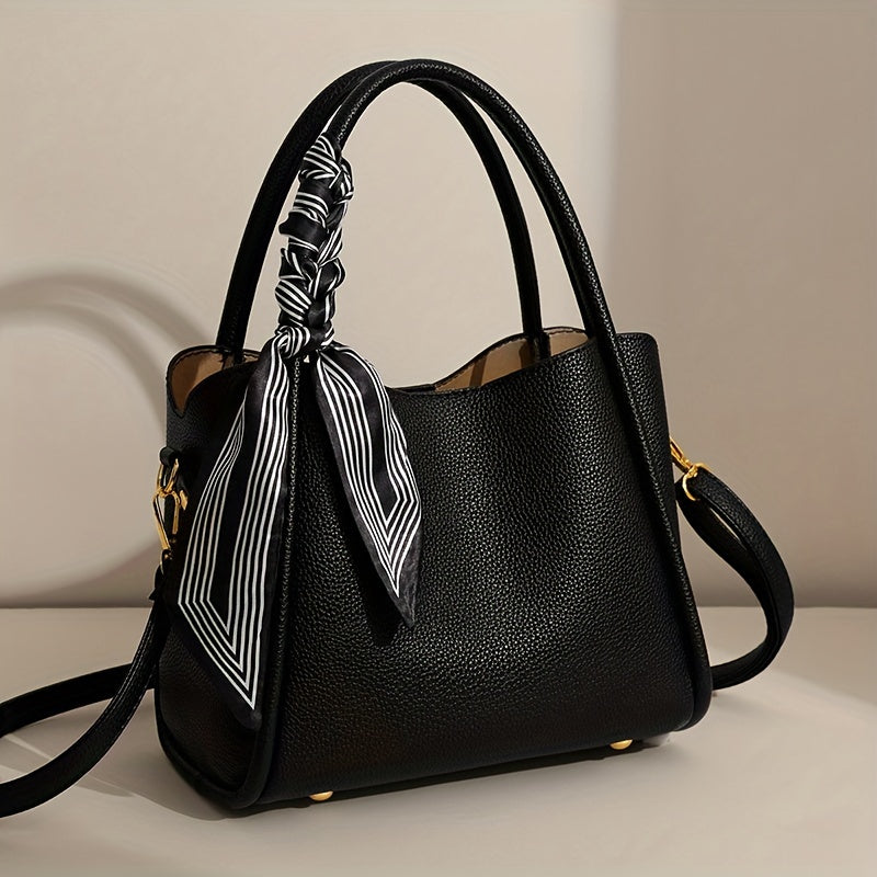 moocr Handbag With Scarf Accent  PU Leather  Elegant Shoulder Bag With Dual Handles For Daily Use  Luxury Solid Color Crossbody Purse