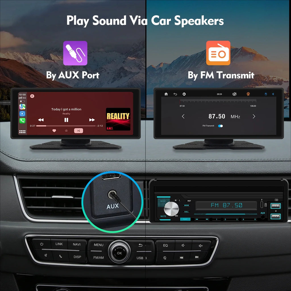 Portable Wireless Carplay & Android Auto Car Stereo, 10.26 Inch Full HD Car Touch Screen Portable Car Radio Receiver Backup Camera