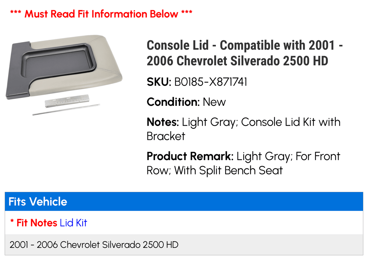 Console Lid - suitable with 2001 - 2006 Chevy Silverado 2500 HD 2002 2003 2004 2005