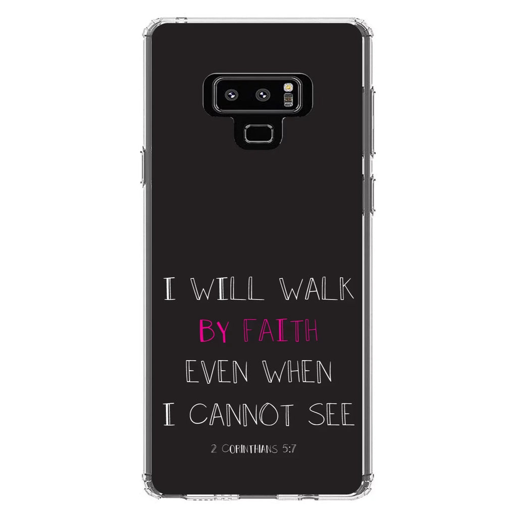 DistinctInk Clear Shockproof Hybrid Case for  Galaxy Note 9 - TPU Bumper, Acrylic Back, Tempered Glass Screen Protector - 2 Corinthians 5:7 - Walk By Faith Even When I Cannot See
