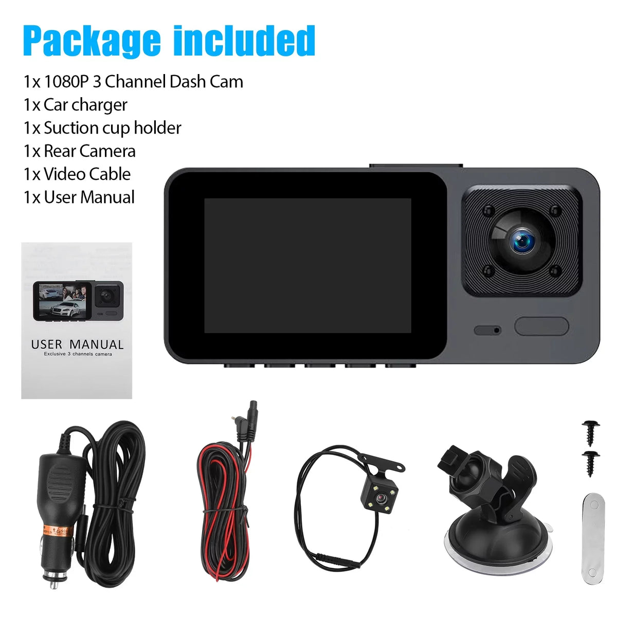 Dash Cam Front and Rear, TSV 3 Channel Dual Dash Camera, 1080P HD Screen Car Camera DVR Backup Cam with Night Vision