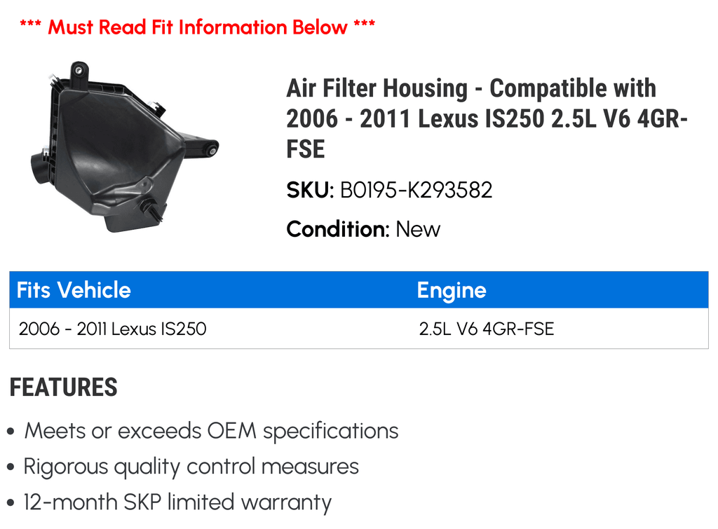 Air Filter Housing - appropriate with 2006 - 2011 IS250 2.5L V6 4GR-FSE 2007 2008 2009 2010