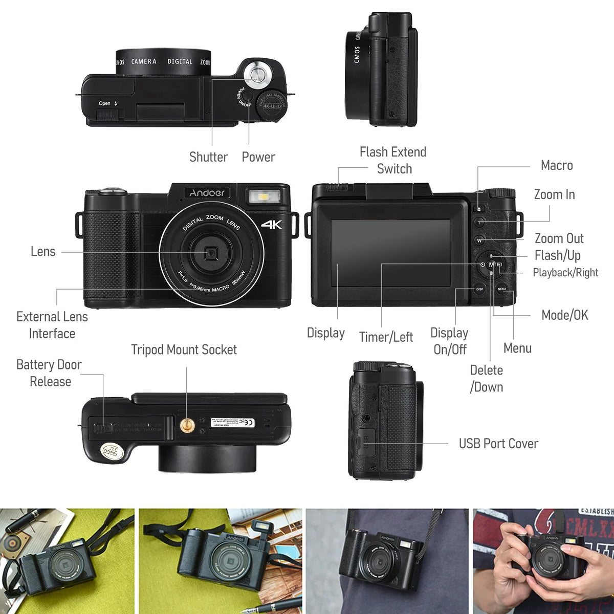 Andoer-2 Digital camera,TFT Rotatable Screen Rotatable Screen 48MP  16X Support 3.0-inch TFT Rotatable 2pcs Batteries Screen 48MP 4K Camera 3.0-inch TFT Portable Camera 3.0-inch 48MP 4K  dsfen
