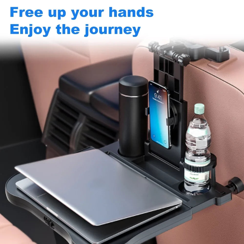 Carevas Adjustable Car Seat Travel Table Multifunctional Foldable Car Back Seat Food Tray, Car Table with Phone Holder for Working, Writing, Eating Black