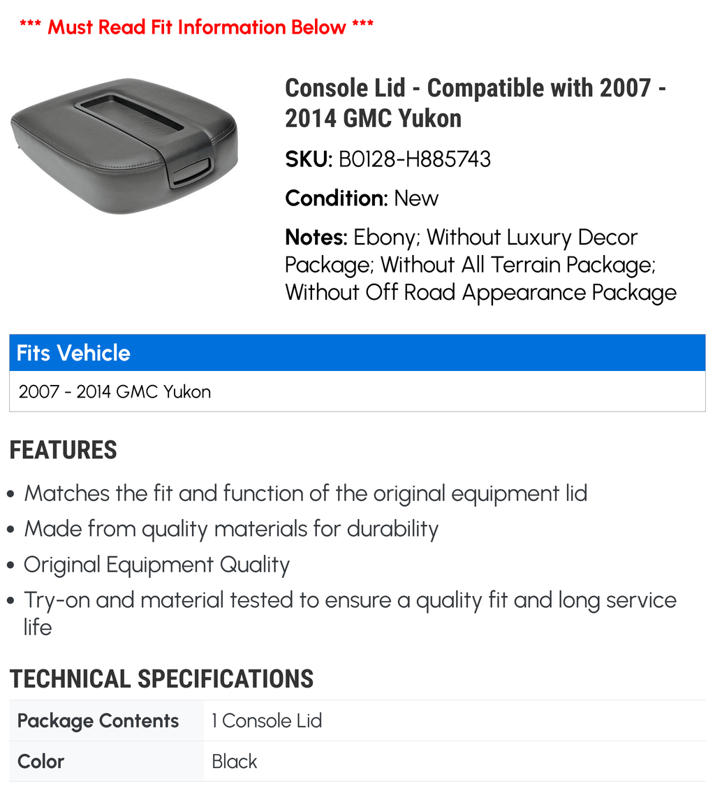 Console Lid - suitable with 2007 - 2014 GMC Yukon 2008 2009 2010 2011 2012 2013