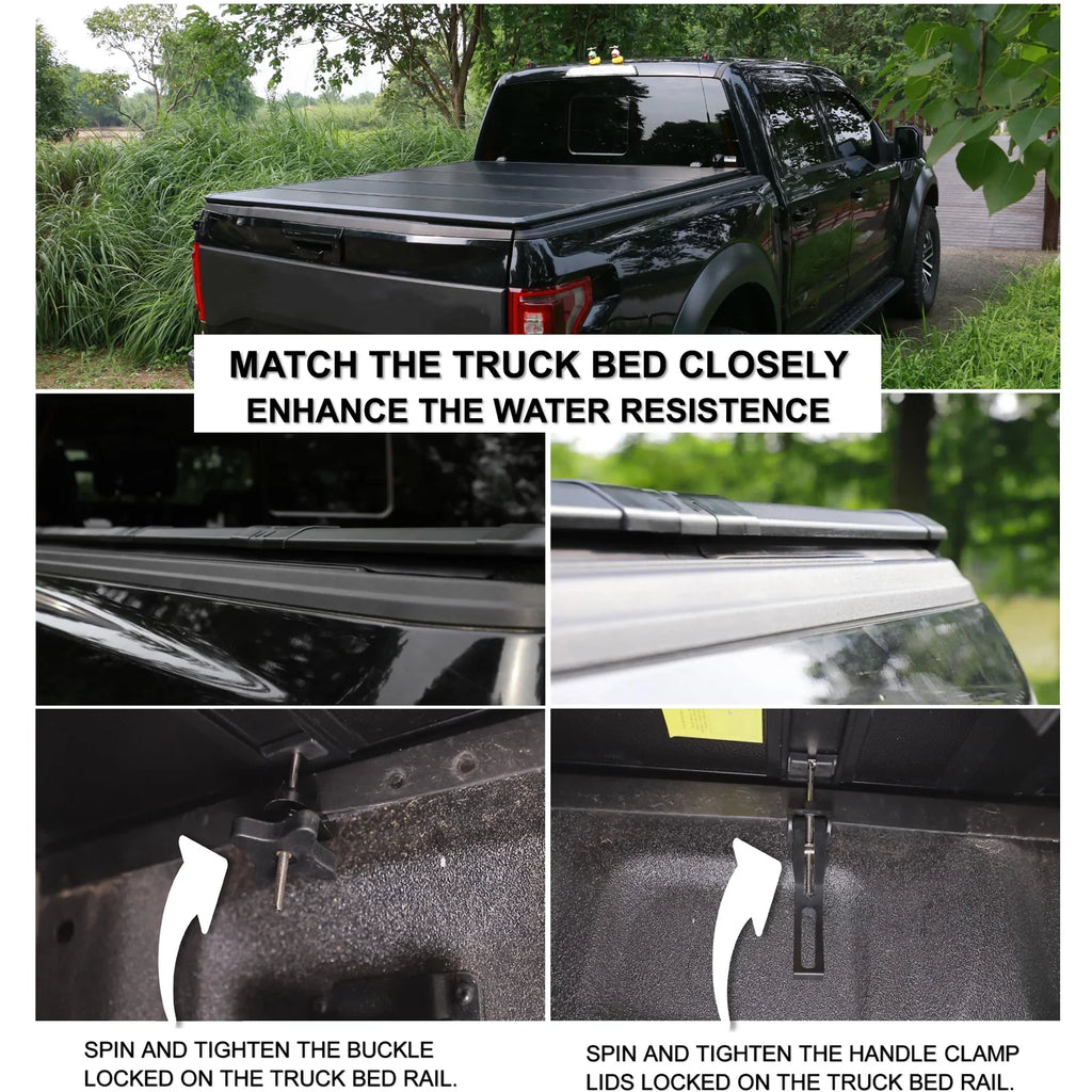 Mamoru Hard FRP Quad-Fold Solid Tonneau protector appropriate with 2016 2017 2018 2019 2020 2021 2022 2023 Tacoma 6' / 73.7" Truck Bed wrap | Fit for Deck Rail System