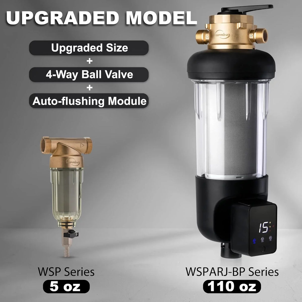 iSpring WSP500ARJ-BP Whole House Prefilter, Spin-Down Sediment aqua Filter with Bypass, Upgraded Clear Housing, Jumbo Size, Flushable and Reusable, Touch-Screen Auto Flushing, 4 Modes, 500 Microns