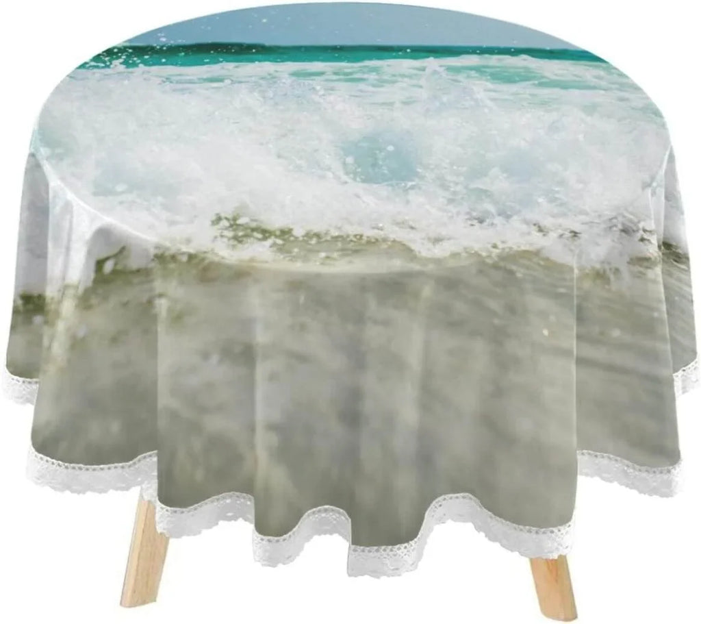 SKYSONIC Summer Sea Wave Round Tablecloth 60inch Indoor Wrinkle Free, Tropical Ocean Circular Lace Table wrap Washable for Kitchen Party BBQ Dining Decor