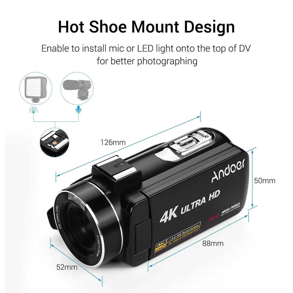Andoer-2 Video Camera,Video Camera 4K Handheld DV 3.0 Inch IPS Camera 3.0 Inch IPS Monitor Burst DV Professional Video Function Inch IPS Monitor AINN ERYUE