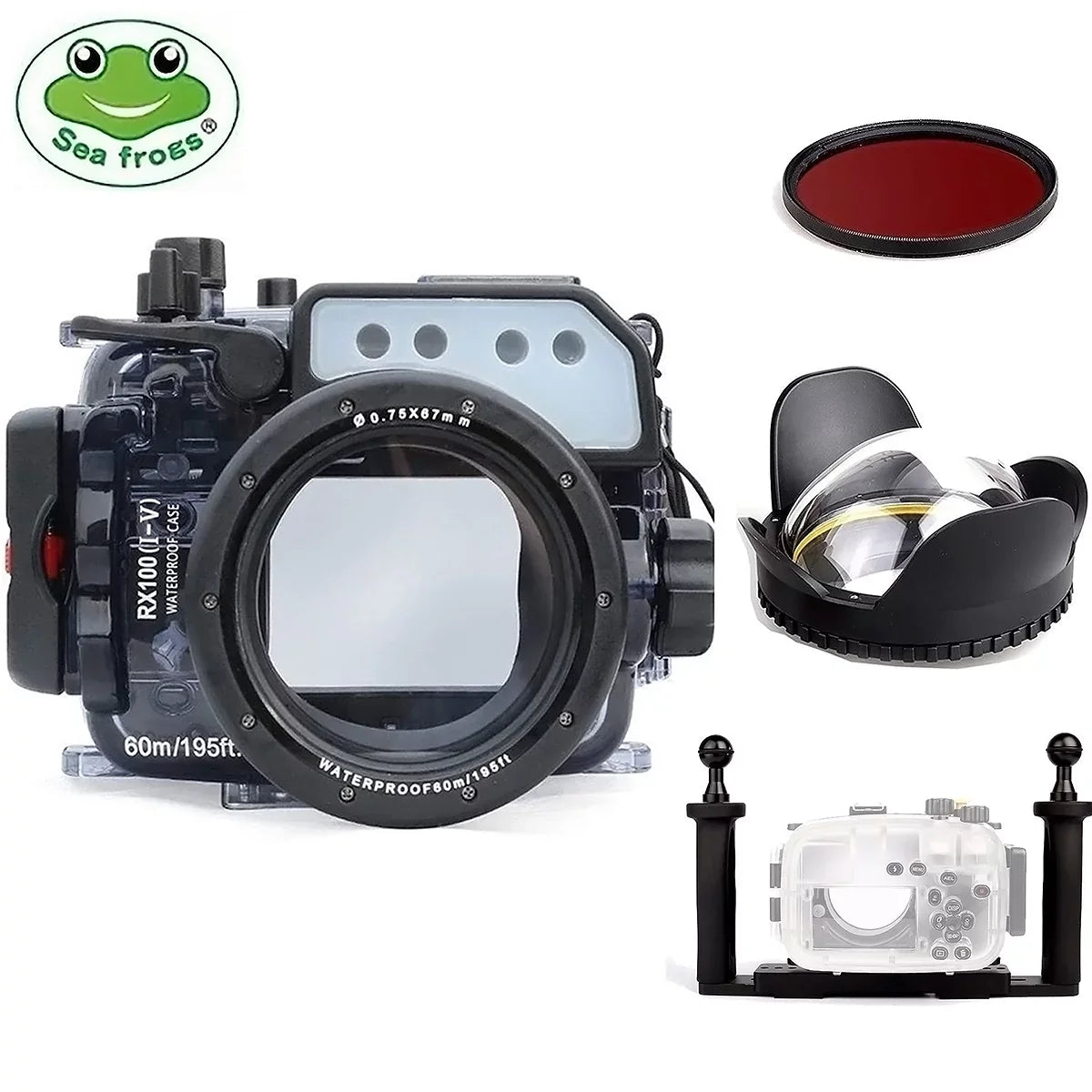 Seafrogs 60M Underwater Camera Housing w/ Dome Port & Two Hands Aluminium Tray Kit, Waterproof case for  RX100 I II III IV V RX100 M2 M3 M4 M5