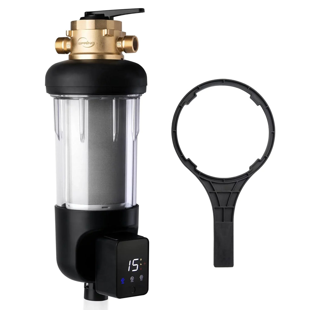 iSpring WSP500ARJ-BP Whole House Prefilter, Spin-Down Sediment aqua Filter with Bypass, Upgraded Clear Housing, Jumbo Size, Flushable and Reusable, Touch-Screen Auto Flushing, 4 Modes, 500 Microns
