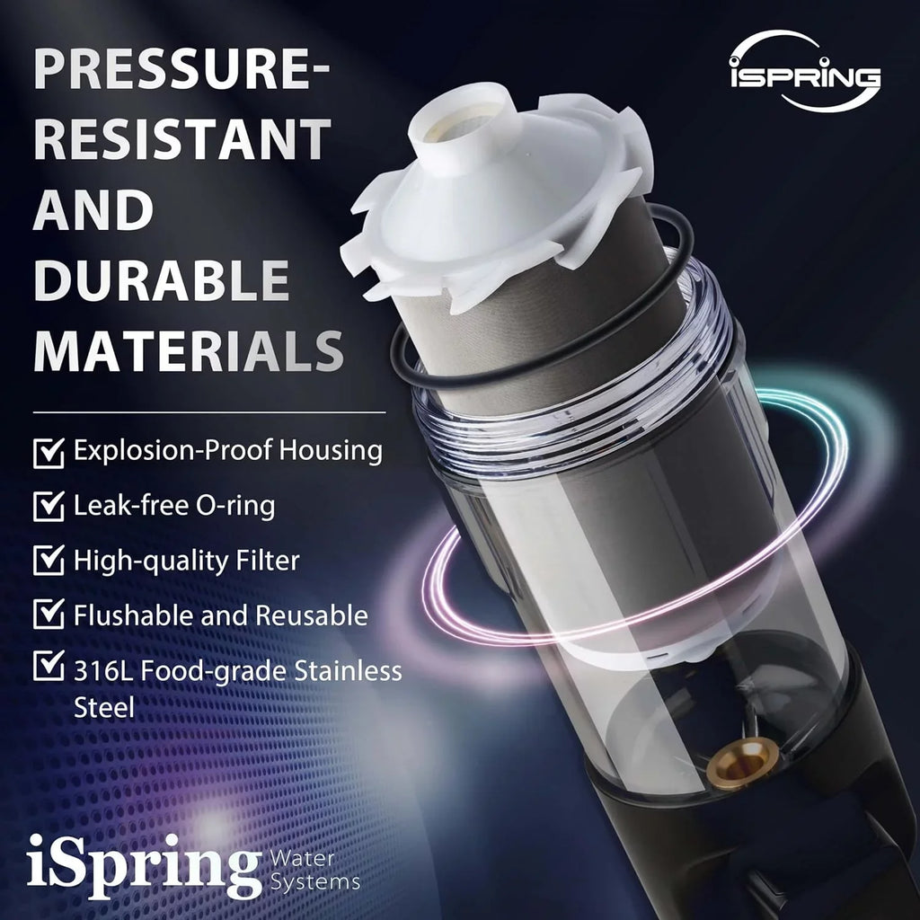 iSpring WSP500ARJ-BP Whole House Prefilter, Spin-Down Sediment aqua Filter with Bypass, Upgraded Clear Housing, Jumbo Size, Flushable and Reusable, Touch-Screen Auto Flushing, 4 Modes, 500 Microns